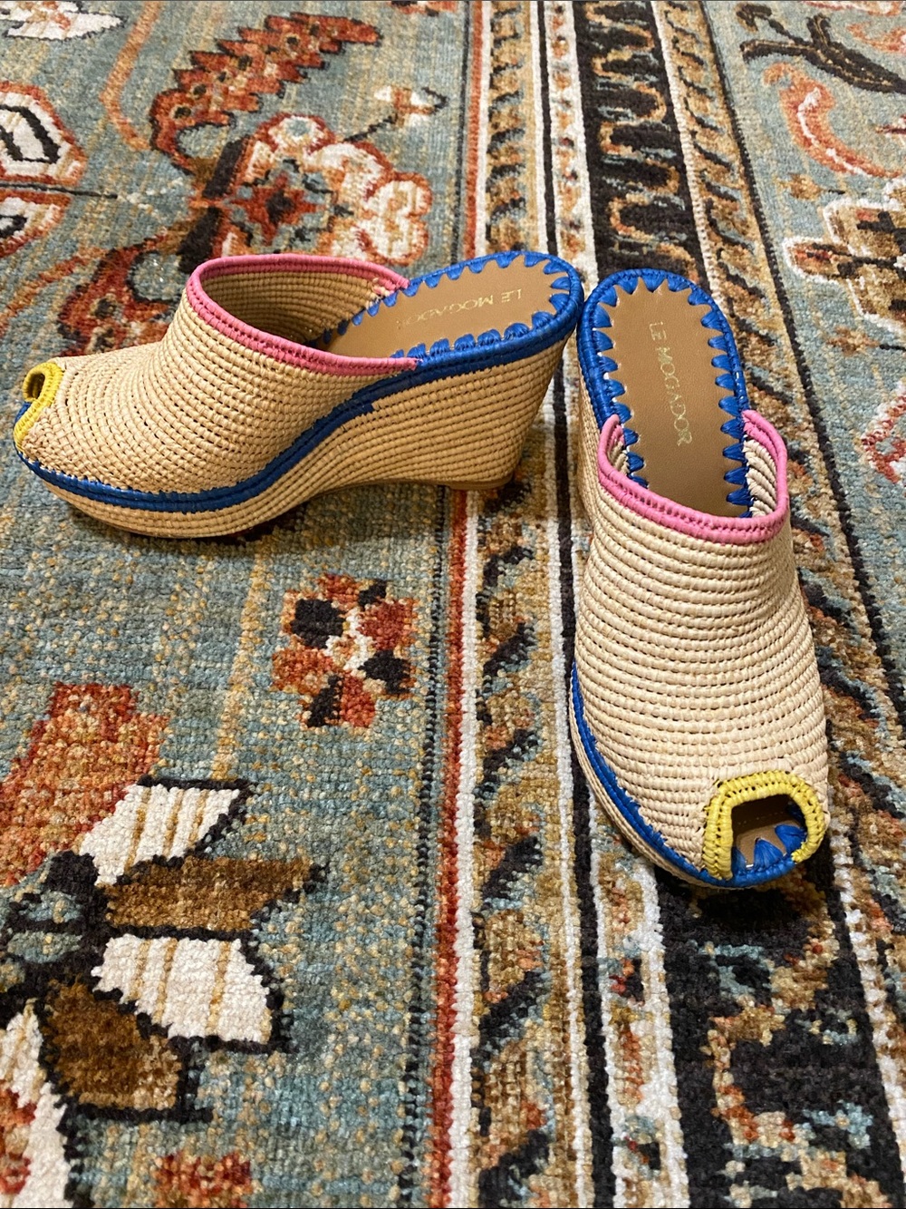 Le Mogador Beige Woven Peep-Toe Wedge with Pink, Blue & Yellow Trim